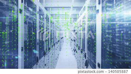Showing server rack aisle receding into data center corridor, with glass doors and binary overlay 140505887