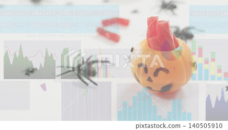 Showing orange jackolantern toy sitting right on white desk with spiders, data overlay, copy space Showing orange jackolantern toy sitting right on white desk with spiders, data overlay, copy space 140505910