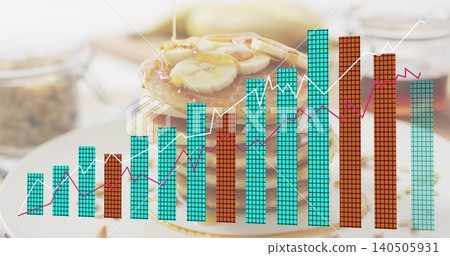 Pouring syrup over pancakes with banana slices on white plate in kitchen, digital charts overlaying Pouring syrup over pancakes with banana slices on white plate in kitchen, digital charts overlaying 140505931
