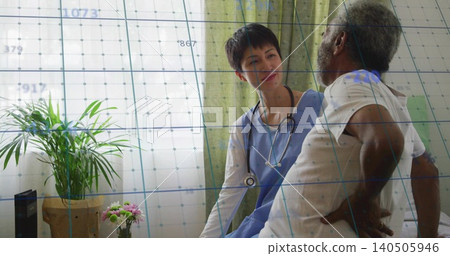 Listening nurse in light blue scrubs leaning toward senior patient in home visit, with stethoscope Listening nurse in light blue scrubs leaning toward senior patient in home visit, with stethoscope 140505946