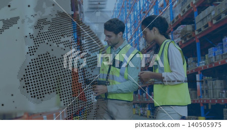 Scanning two workers wearing yellow vests in warehouse, holding scanner, digital overlay showing Scanning two workers wearing yellow vests in warehouse, holding scanner, digital overlay showing 140505975
