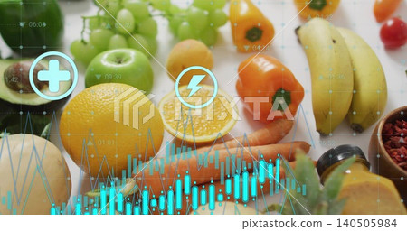 Showing fresh fruits on white tabletop, with whole and halved orange, avocado, grapes, cyan overlay Showing fresh fruits on white tabletop, with whole and halved orange, avocado, grapes, cyan overlay 140505984