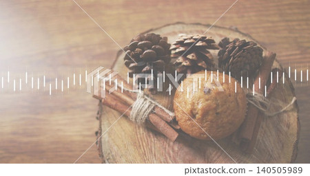 Showing still-life on kitchen table with wood slice, pinecones cinnamon sticks, muffin and waveform 140505989