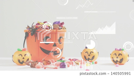 Showing orange pumpkin bucket sitting left on table with spider, pumpkins, candies, HUD, copy space Showing orange pumpkin bucket sitting left on table with spider, pumpkins, candies, HUD, copy space 140505991