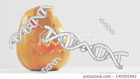 Sitting carved orange pumpkin showing triangular eyes, zigzag mouth on white table with DNA helices Sitting carved orange pumpkin showing triangular eyes, zigzag mouth on white table with DNA helices 140505992