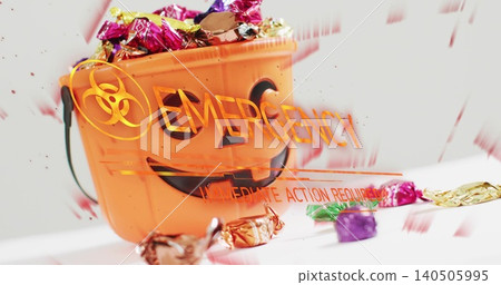 Featuring orange jack-o'-lantern bucket on white table, with biohazard overlay and spilling candies 140505995