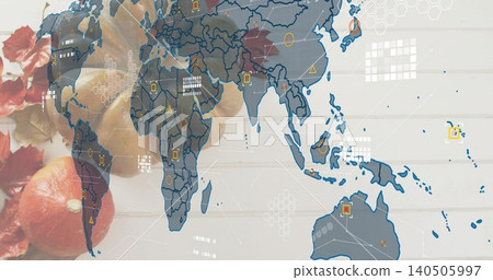 Displaying translucent world map with data markers over fruits and leaves on pale wood, hex grid 140505997