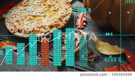 Displaying round lattice pie sitting on dark wooden table, with pumpkin, teal bars, magenta line Displaying round lattice pie sitting on dark wooden table, with pumpkin, teal bars, magenta line 140505999