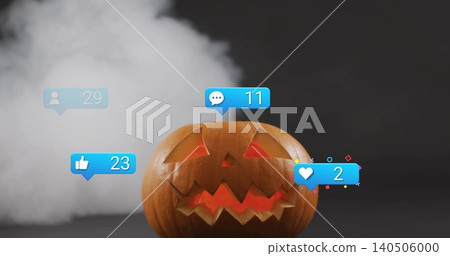 Glowing carved pumpkin sitting on studio table, smoke billowing left, badges 29,11,23,2 floating Glowing carved pumpkin sitting on studio table, smoke billowing left, badges 29,11,23,2 floating 140506000
