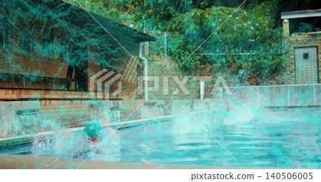 Splashing child wearing green swim cap, trunks making splash in home pool, turquoise overlay Splashing child wearing green swim cap, trunks making splash in home pool, turquoise overlay 140506005