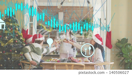 Toasting group of six raising wine glasses at home dining table, Santa hats, AR overlays Toasting group of six raising wine glasses at home dining table, Santa hats, AR overlays 140506027