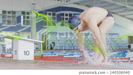 Launching swimmer pushing off pool deck, in cap goggles briefs block10, green overlay, copy space Launching swimmer pushing off pool deck, in cap goggles briefs block10, green overlay, copy space 140506040