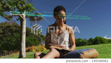 Reading woman wearing striped top, shorts sitting on park hill holding open book with green overlay 140506062