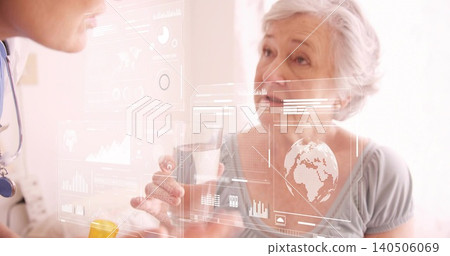 Talking senior woman holding glass in clinic with pill bottle, clinician white coat stethoscope HUD Talking senior woman holding glass in clinic with pill bottle, clinician white coat stethoscope HUD 140506069