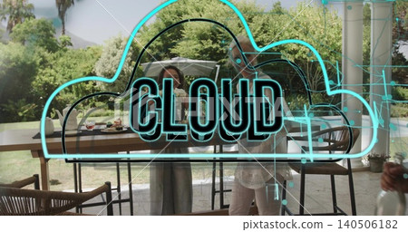 Floating neon cloud graphic reading CLOUD overlaying glass pane on patio, showing dining table 140506182