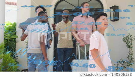 Chatting five men standing on porch of suburban house, holding suitcase, showing blue data overlay 140506188