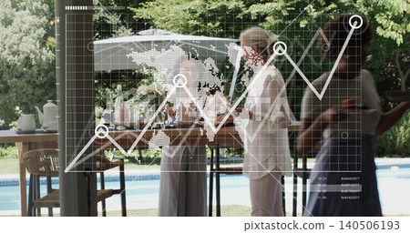 Chatting 3 women in light blouse, dark dress around bar table at pool patio, with overlay Chatting 3 women in light blouse, dark dress around bar table at pool patio, with overlay 140506193