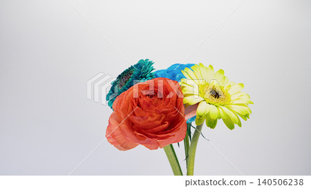 Colorful flower bouquet: red ranunculus, yellow and blue gerberas, blue roses, white background, macro, copy space. 140506238