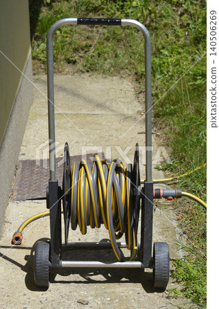 Garden Hose Reel Cart with Yellow and Grey Stripe Pipe Outdoors Garden Hose Reel Cart with Yellow and Grey Stripe Pipe Outdoors 140506269