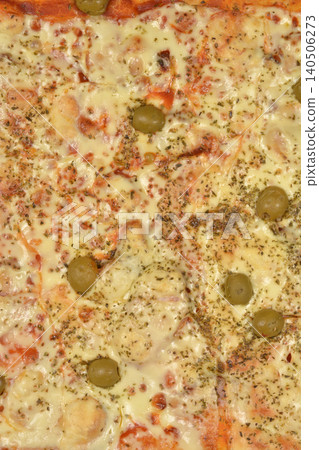 Close up texture background of a freshly baked pizza with olives Close up texture background of a freshly baked pizza with olives 140506273
