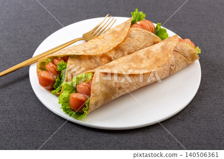 Whole Wheat Wrap with Grilled Sausage and Lettuce, Savory Snack 140506361