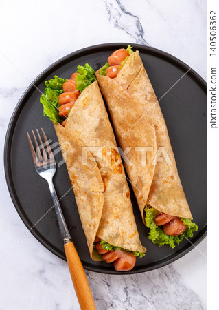 Whole Wheat Wrap with Grilled Sausage and Lettuce, Savory Snack 140506362