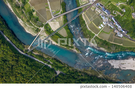 An aerial view capturing the Mishima Submersible Bridge and railway bridge, and the Shimanto River from directly above. An aerial view capturing the Mishima Submersible Bridge and railway bridge, and the Shimanto River from directly above. 140506408