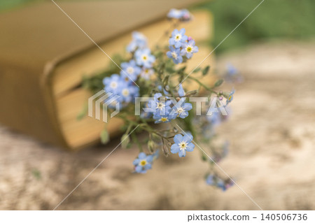 Delicate blue flowers and vintage book on wooden surface Delicate blue flowers and vintage book on wooden surface 140506736
