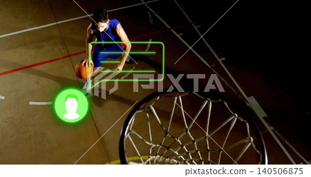 Dribbling male player in blue jersey moving on gym court, holding basketball with green AR overlays Dribbling male player in blue jersey moving on gym court, holding basketball with green AR overlays 140506875