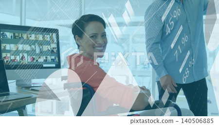 Woman in red blouse smiling, sitting in modern office, with monitor showing grid and data overlays Woman in red blouse smiling, sitting in modern office, with monitor showing grid and data overlays 140506885