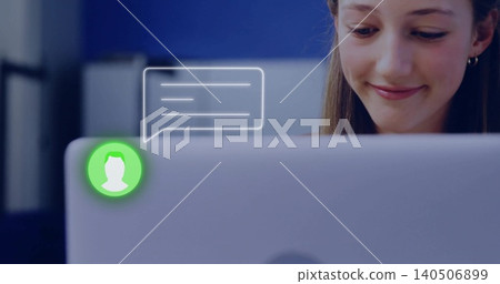 Smiling teenage girl leaning over laptop screen in study nook with chat overlay graphic, copy space Smiling teenage girl leaning over laptop screen in study nook with chat overlay graphic, copy space 140506899