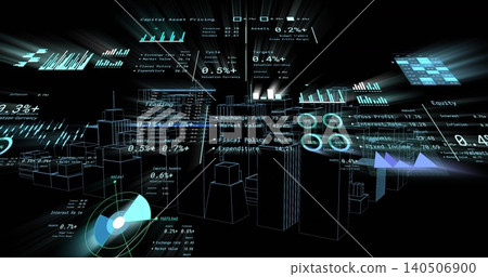 Glowing holographic financial dashboard floating in virtual 3D void, with translucent HUD panels Glowing holographic financial dashboard floating in virtual 3D void, with translucent HUD panels 140506900