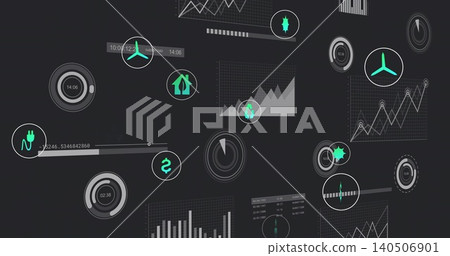 Displaying floating data dashboard occupying center on dark field, with line charts and gauges Displaying floating data dashboard occupying center on dark field, with line charts and gauges 140506901