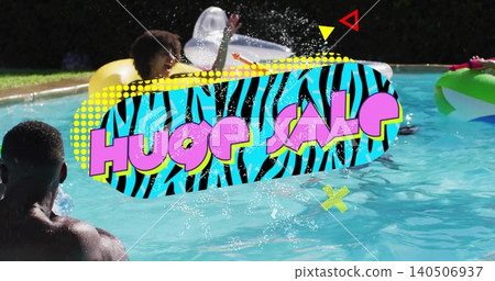 Splashing friends in swimwear and trunks at backyard pool with inner tube and pop-art overlay Splashing friends in swimwear and trunks at backyard pool with inner tube and pop-art overlay 140506937