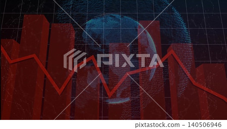 Displaying clear red 3D bars with jagged red line across digital dashboard and dotted blue globe Displaying clear red 3D bars with jagged red line across digital dashboard and dotted blue globe 140506946