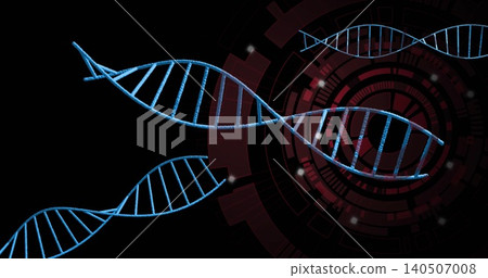 Spinning central blue DNA helix moving diagonally in virtual lab, showing red HUD, minor helices Spinning central blue DNA helix moving diagonally in virtual lab, showing red HUD, minor helices 140507008