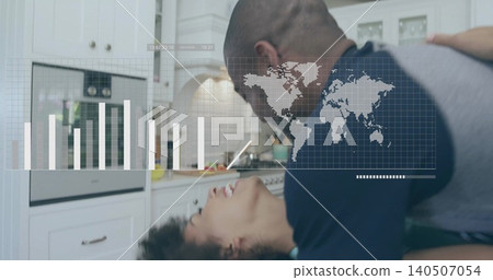 Leaning man in raglan shirt leaning over woman on countertop, modern kitchen with data overlay Leaning man in raglan shirt leaning over woman on countertop, modern kitchen with data overlay 140507054
