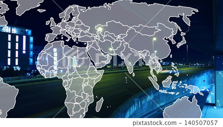 Displaying faint world map overlaying highway at night, with concrete barriers lamps blue-lit tower Displaying faint world map overlaying highway at night, with concrete barriers lamps blue-lit tower 140507057