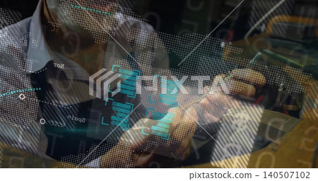 Tapping senior in striped shirt and jacket using tablet at console with stylus and holographic UI Tapping senior in striped shirt and jacket using tablet at console with stylus and holographic UI 140507102