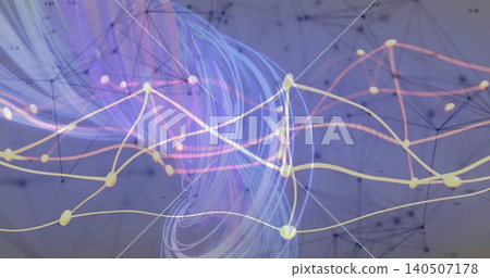 Swirling sheer ribbon of violet light weaving across digital screen, with glowing graph nodes 140507178