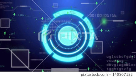 Showing central cyan HUD pulsing and linking green nodes on digital dashboard, with percent labels Showing central cyan HUD pulsing and linking green nodes on digital dashboard, with percent labels 140507182
