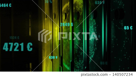 Displaying metal slats and wire globe shifting on finance dashboard, with floating currency labels Displaying metal slats and wire globe shifting on finance dashboard, with floating currency labels 140507234