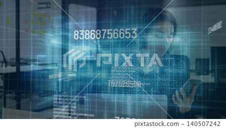 Using phone, woman in printed top, headset working at office with laptop, blue overlay, copy space Using phone, woman in printed top, headset working at office with laptop, blue overlay, copy space 140507242