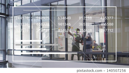Placing sticky notes, woman in blazer and team arranging HUD data in glass room, copy space Placing sticky notes, woman in blazer and team arranging HUD data in glass room, copy space 140507256
