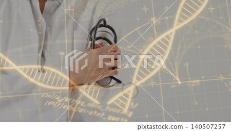 Holding stethoscope to chest, doctor in white lab coat and light shirt in lab, DNA graphics Holding stethoscope to chest, doctor in white lab coat and light shirt in lab, DNA graphics 140507257