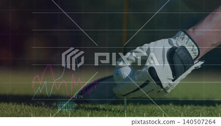 Placing white gloved hand positioning golf ball on tee at golf course, HUD overlay, copy space Placing white gloved hand positioning golf ball on tee at golf course, HUD overlay, copy space 140507264