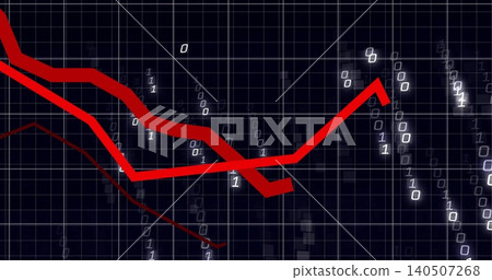 Displaying thick red zigzag line across dark navy grid, showing thin red line and binary digits Displaying thick red zigzag line across dark navy grid, showing thin red line and binary digits 140507268