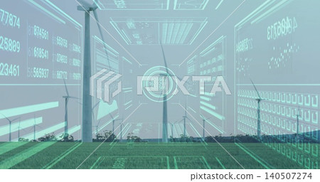 Displaying central turbine rotating over grassy field near distant tree line with data HUDs Displaying central turbine rotating over grassy field near distant tree line with data HUDs 140507274