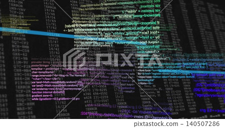 Sweeping multicolored curved code ribbons traversing dark console display with terminal logs Sweeping multicolored curved code ribbons traversing dark console display with terminal logs 140507286