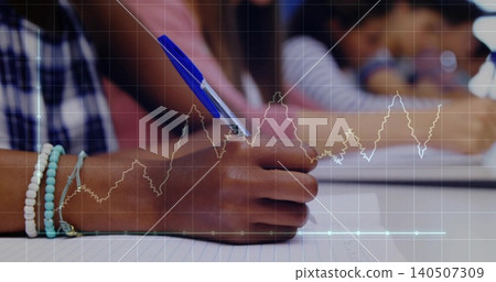 Writing right hand wearing bracelets holding blue pen on lined paper in class, plaid shirt, overlay Writing right hand wearing bracelets holding blue pen on lined paper in class, plaid shirt, overlay 140507309